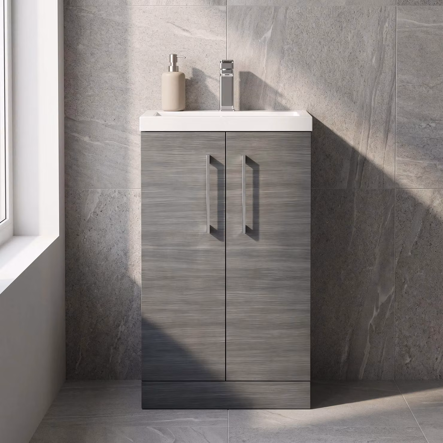 Balterley Modern Freestanding Bathroom Vanity Basin Unit in Wood Grey with Soft Close Hinged Doors, W: 50 cm, H: 84 cm – 5
