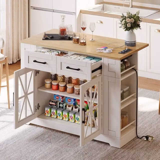 Matteo Modern White Kitchen Island with Glass Doors and Internal Storage