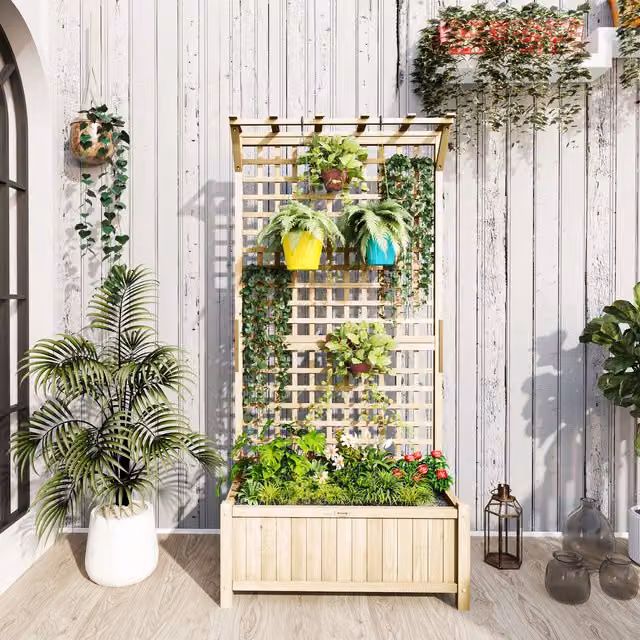 Outsunny Brown Wood Planter with Trellis for Climbing Plants, W/D/H: 183 x 90 x 45 cm