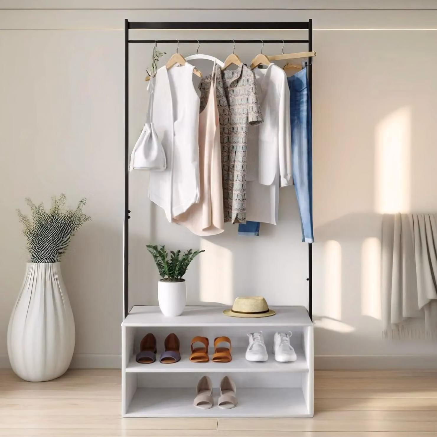 Pirlo Plush Coat Rack Stand with 2 Storage Shelves in White, H 170 x W 82.4 x D 40 cm