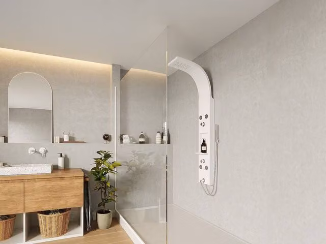 Roana Stainless Steel Hydromassage Shower Column with Rain Overhead Shower and Hand Shower in Matt White, H 140 x W 20 cm – 1