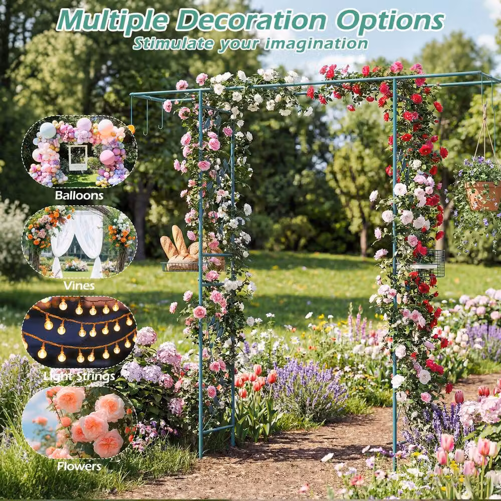 Costway Green Garden Arbor Feeding Station with Heavy-duty Metal Arch Trellis and Mesh Tray – 7