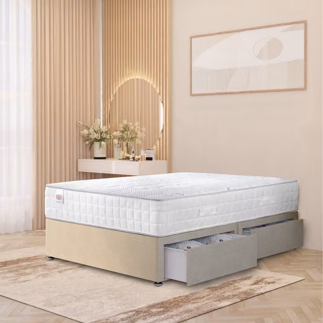 Somnior Beds Ltd Hybrid Upholstered Fabric Divan Bed with Drawers in Beige and Yellow, W/D/H: 90 x 190 cm