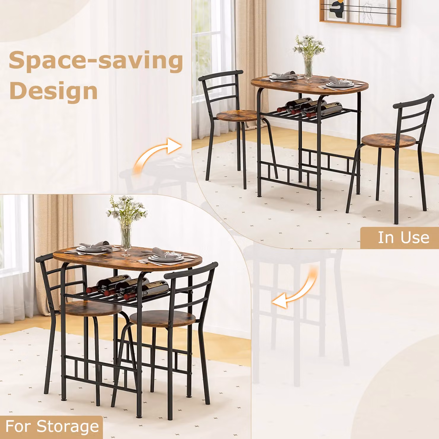 Gymax 3 Piece Brown Wood Grain Dining Table and Chairs Set with Oval MDF Laminate Table and Metal Legs – 2