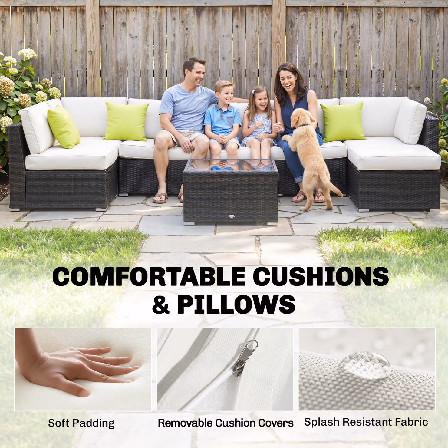 Outsunny 7-Seater L-Shape Rattan Garden Furniture Set with Upholstered Cushions, Ottoman and Coffee Table, Brown – 6