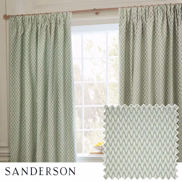 Sanderson Hutton Jacquard Room Darkening Pencil Pleat Curtains in Green, Width: 168 cm, Drop: 137 cm