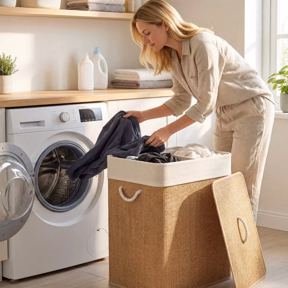 KORVIXA Brown 100L Bamboo Double Laundry Hamper with Removable Bag W/D/H: 100 x 100 x 100 cm – 3