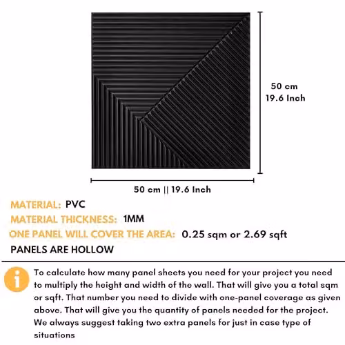 Novecrafto 3D Chevron Line Design Wall Panels, Matte Black Interior Cladding, 6 Sheets, W/D/H: 50 x 50 x 50 cm – 6