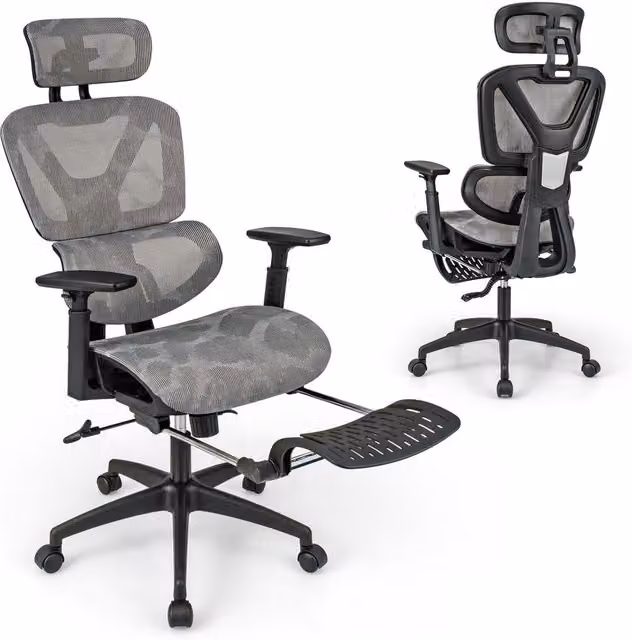 Costway Grey Mesh Executive Office Chair with Headrest, Armrests and 360 Degree Swivel