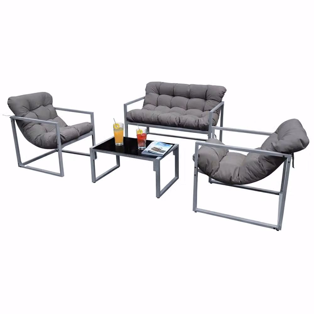 Neo 4 Piece Grey Metal Outdoor Patio Furniture Set with Cushions and Glass Table – 4