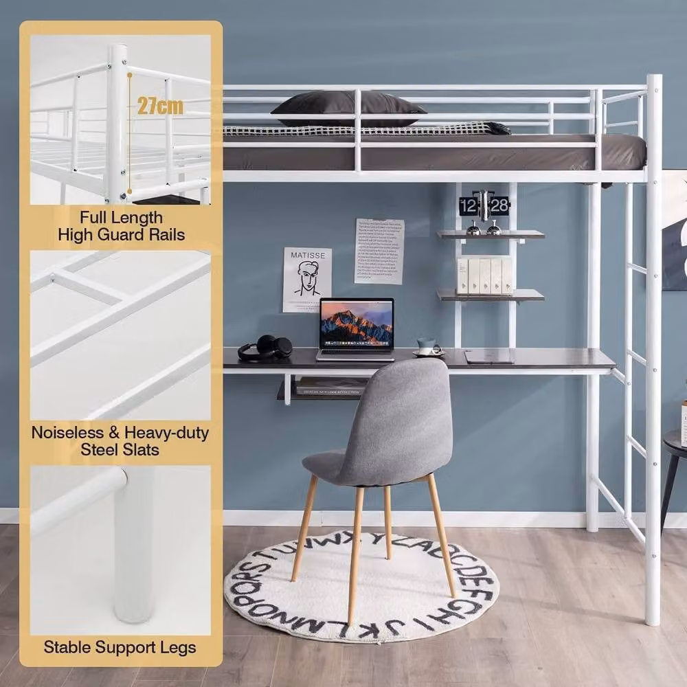 Costway Single Metal Loft Bed Frame High Sleeper with Desk and Storage Shelves, White – 4