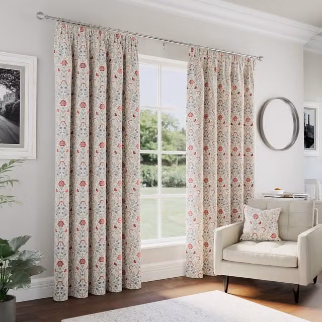 Enhanced Living Floral Red and Blue Blackout Pencil Pleat Curtains, Width: 137 cm