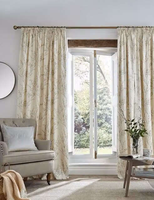 Laura Ashley Pussy Willow Pure Cotton Pencil Pleat Curtains in Grey and Beige Mix, H: 229 cm x W: 183 cm