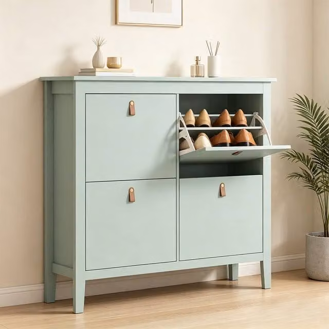 ERGOVEXA Modern 4-Drawer Freestanding Shoe Cabinet in Green and Brown with Tilting Compartments and Open Shelves
