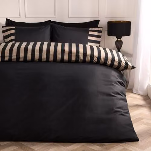 OHS Reversible Microfibre Polyester Double Duvet Cover Set with Pillowcases, Black, W/D/H: 200 x 200 cm, Pillowcases: 50 x 75 cm – 1