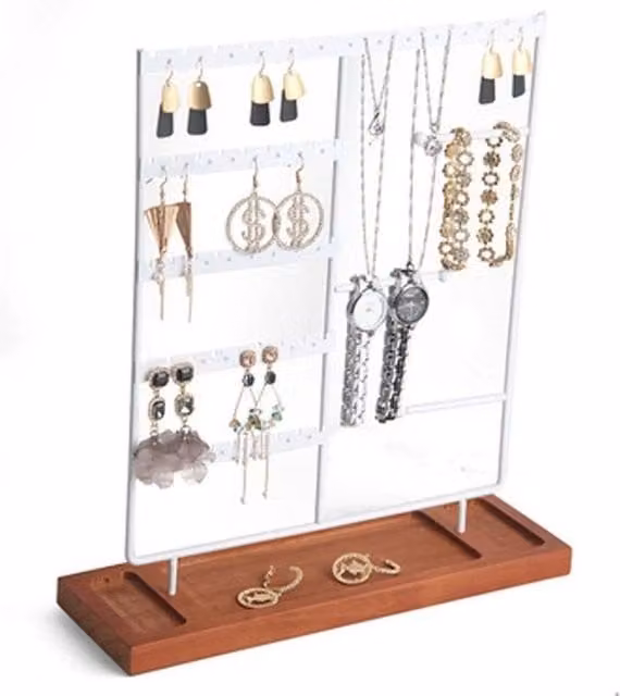 VOGREX Jewellery Display Stand with White Wooden Tray for Earrings, Necklaces and Bracelets, W/D/H: 31.0 x 30.0 x 10.0 cm