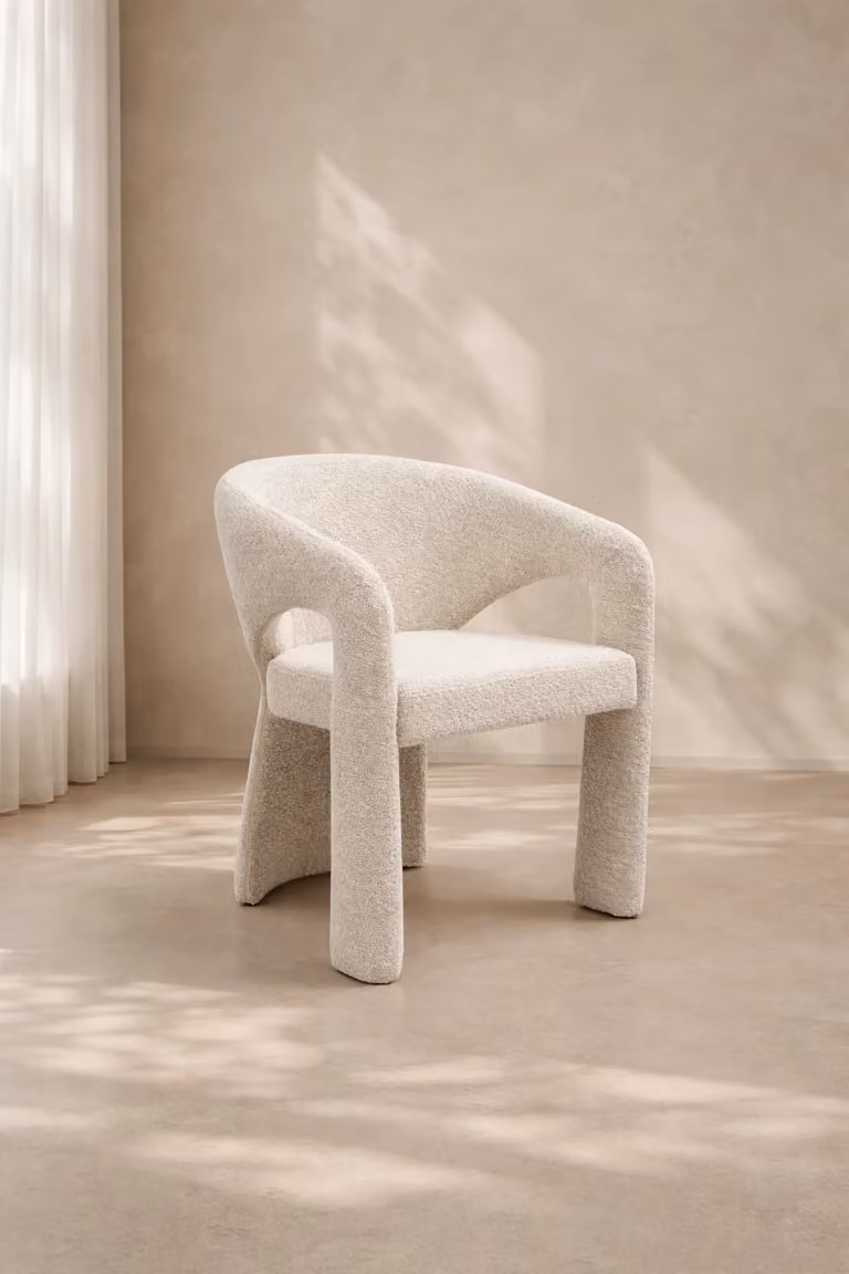 Tommy Franks Jaxon Dining Chair in White Bouclé Fabric with Armrests, H 76 cm x W 59.5 cm x D 47 cm