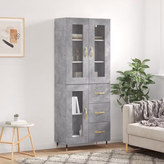 Berkfield Home Modern Highboard in Concrete Grey with Glass Doors, W: 69.5 cm, D: 34 cm, H: 180 cm – 1