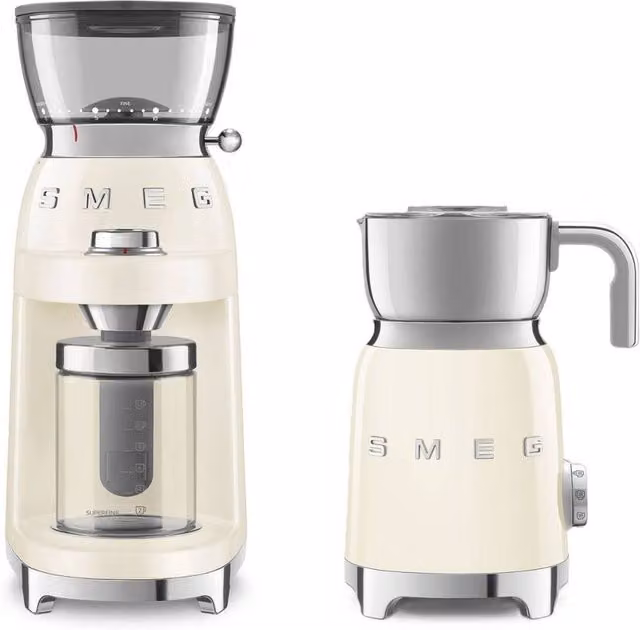 Smeg 50s Style Electric Conical Burr Coffee Grinder and Milk Frother with Removable Tank in Beige