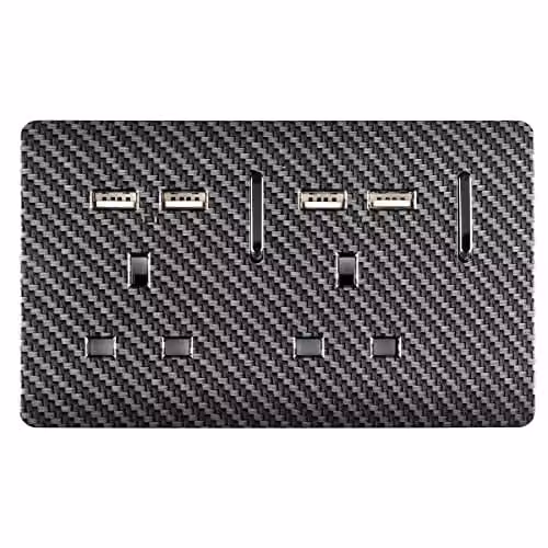 Trendi 2 Gang 13 Amp Switched USB Socket with Carbon Fibre Plate in Black and Silver
