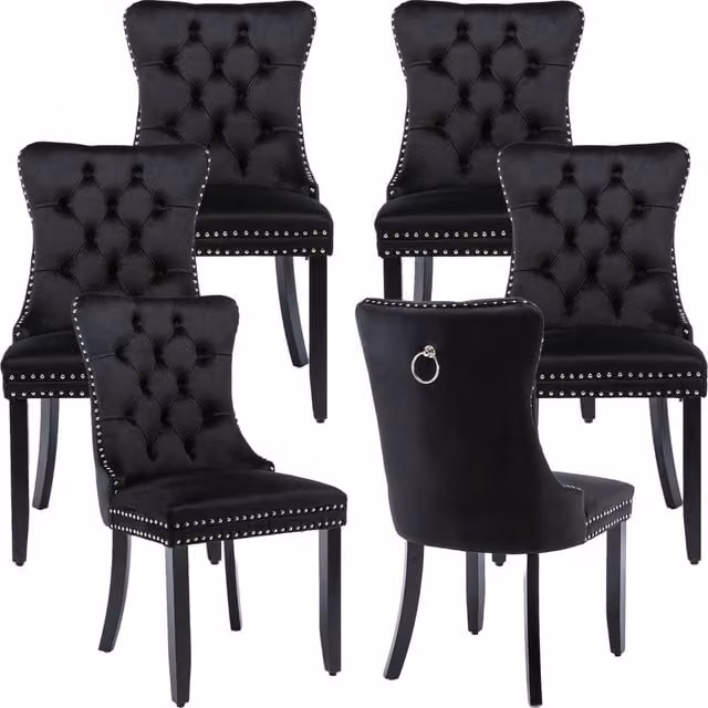 HomeTouch Romsey Set of 6 Black Velvet Upholstered Dining Chairs with Oak Legs and Knocker Ring Back – 1