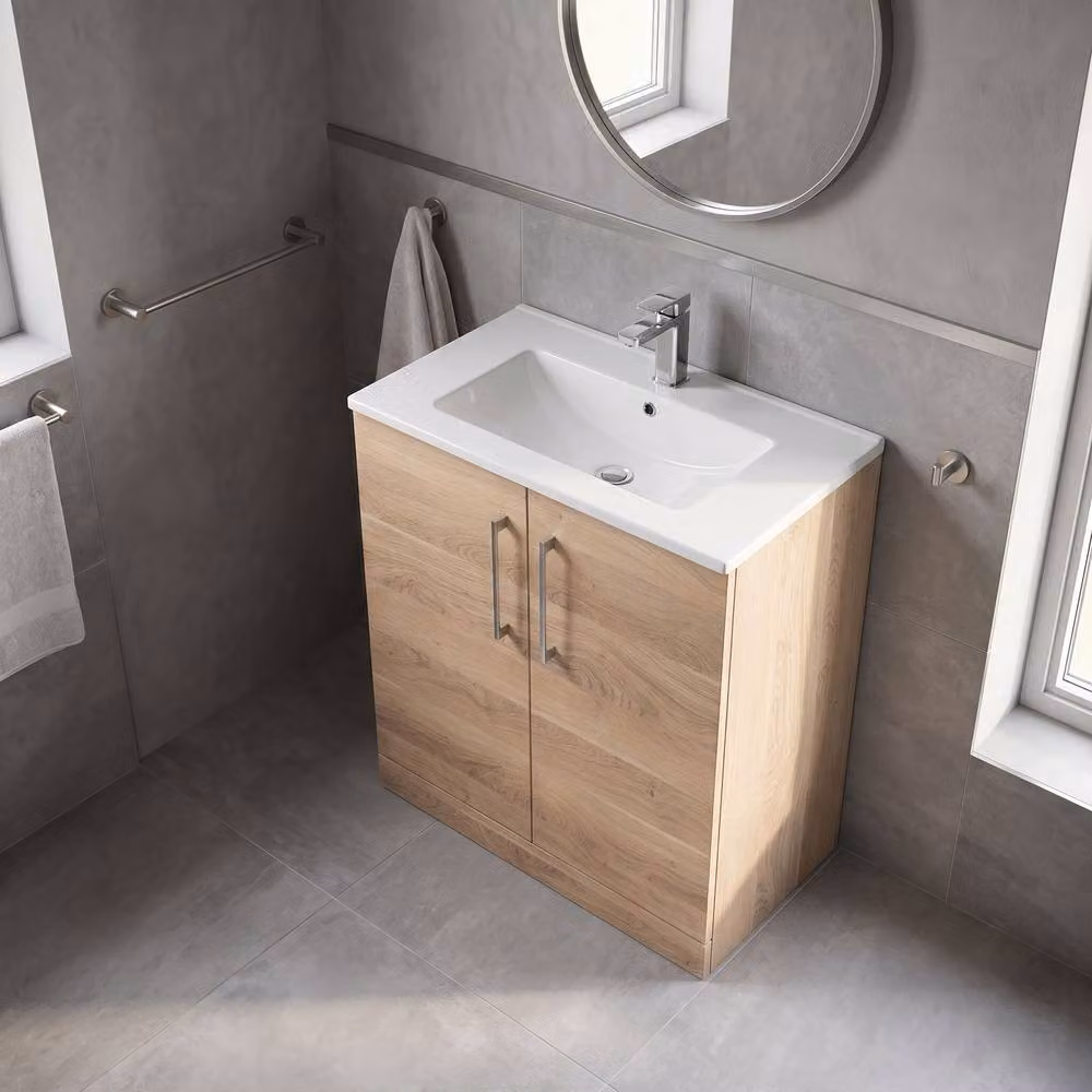 Balterley Brown Bleached Oak 2-Door Floor Standing Bathroom Vanity and Basin with Soft Close Doors and Internal Shelves, Width: 80 cm – 2