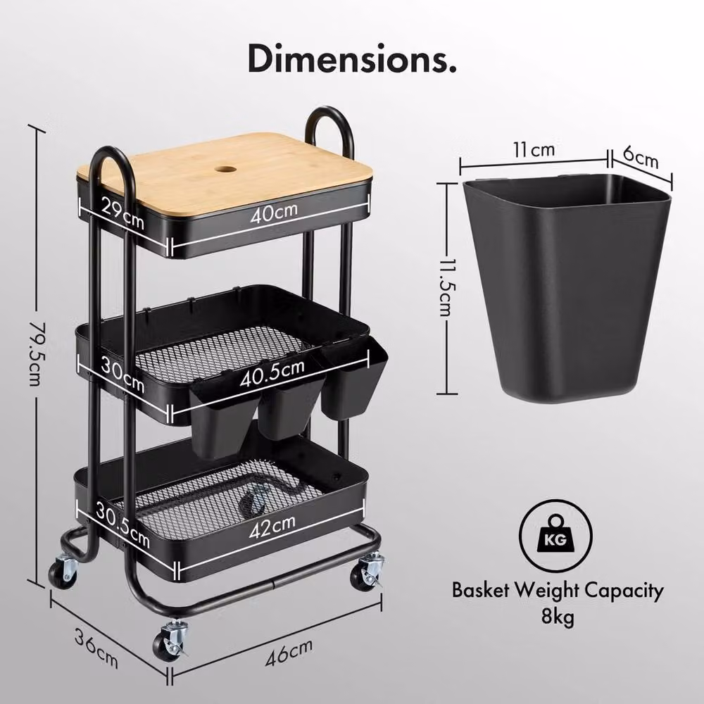 NESTLUNE Black 3 Tier Bathroom Storage Trolley with Wheels, W/D/H: 100 x 15 x 15 cm – 2