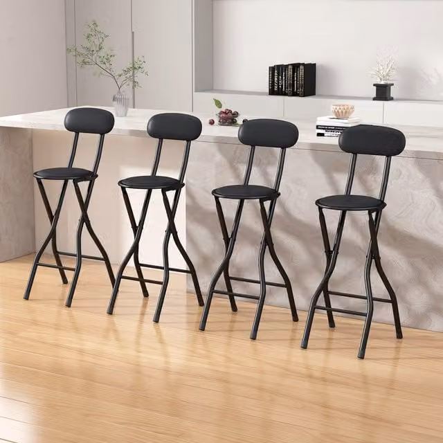 MCC Direct Set of 4 Black Padded Folding Breakfast Bar Stools with Metal Frames and Synthetic Leather Seats