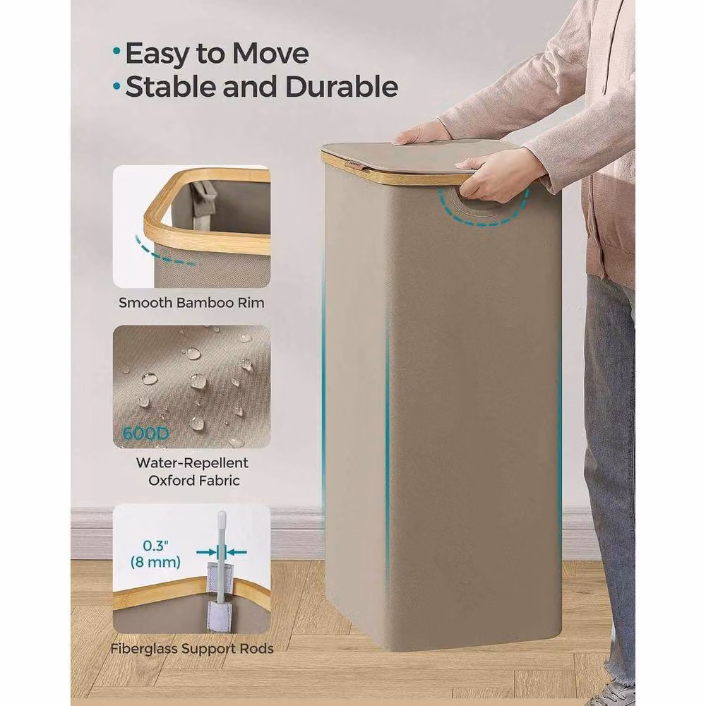 The Bazaarist Bamboo Laundry Hamper with Lid and Removable Bag, Brown in Camel – 3