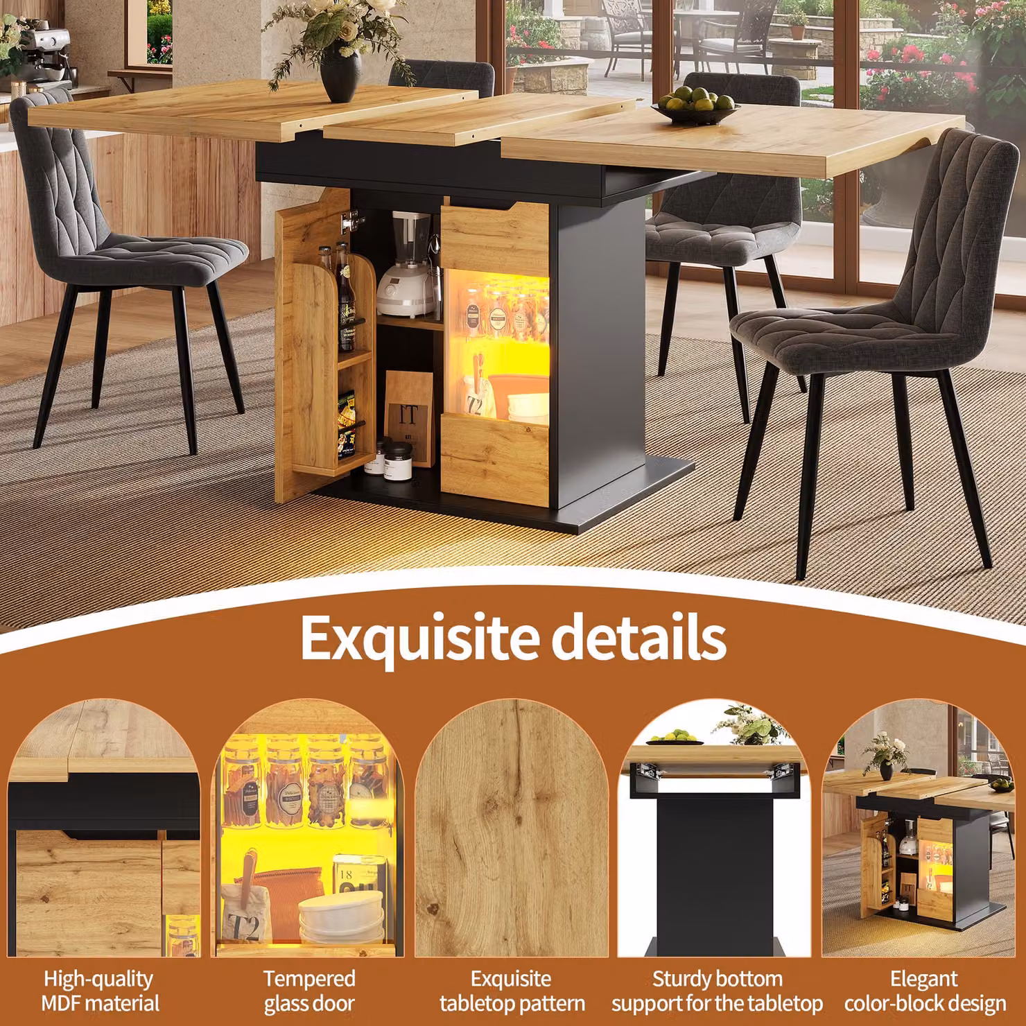 Aosom UK Black Telescopic Extendable Dining Table with App-Controlled LED Lighting and USB Port, W/D/H: 80 x 110-140 x 76 cm – 3
