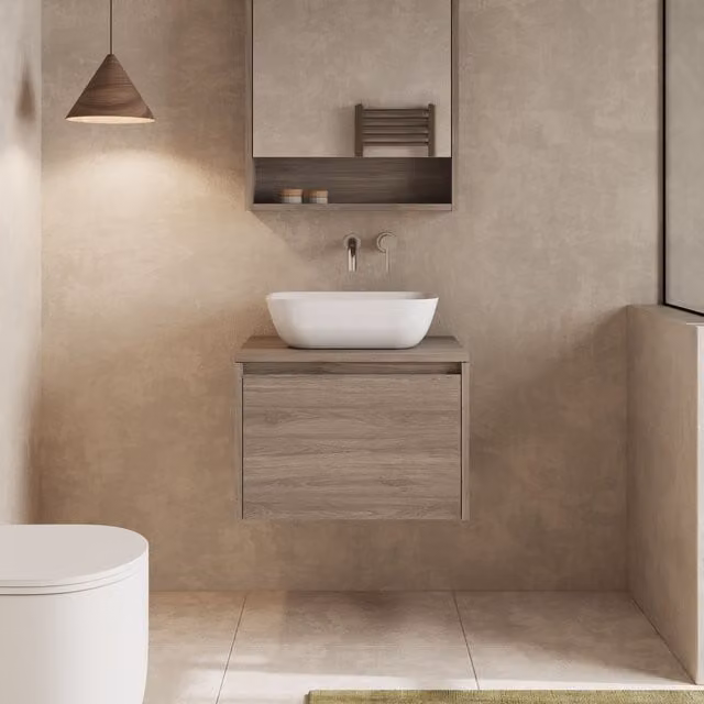 Banyetti Mino 600mm Wall Hung Vanity Unit with Matching Worktop in Nebraska Oak Brown