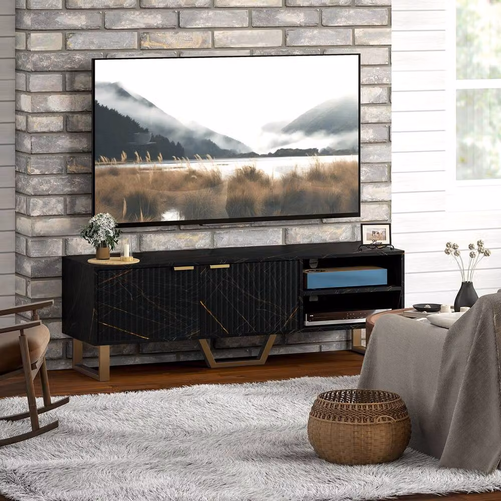 STILVORA Modern TV Stand with 2 Doors and Shelves in Matt Black and Gold Metal – 9