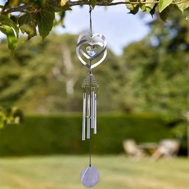 Garden Mile Silver Metal Crystal Heart Hanging Wind Chime