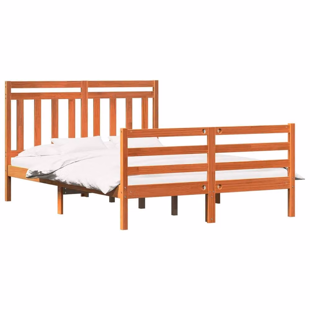 Berkfield Home Solid Pine Bed Frame with Headboard in Wax Brown, W: 140 cm, L: 188 cm – 2