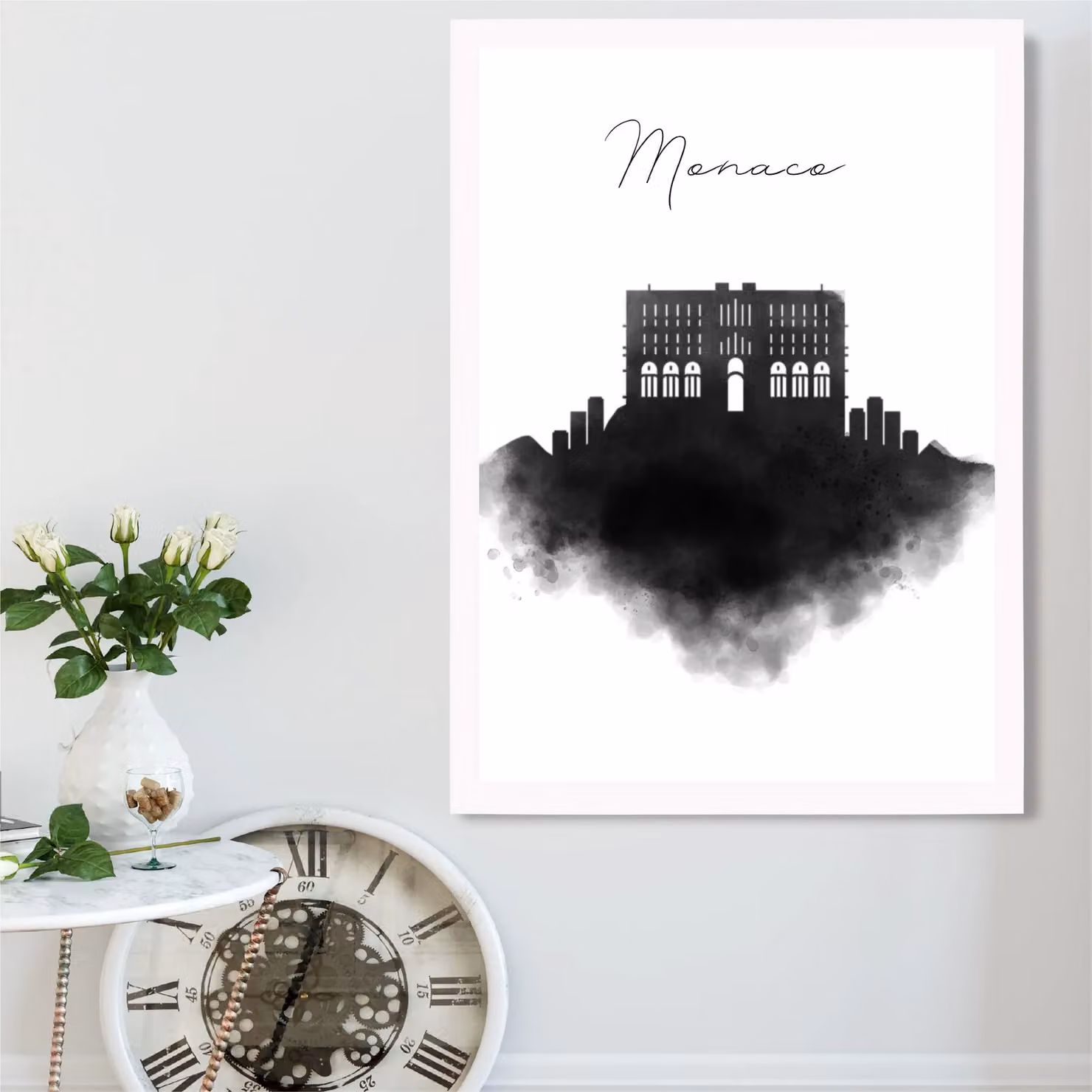 ARTZE Monaco Watercolour Skyline City Framed Print with White Frame in Black, A2 – 2