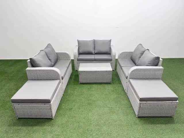 Fimous 8 Seater PE Wicker Rattan Garden Furniture Set in Light Grey with Rectangular Coffee Table, 2 Seater Love Sofa and 2 Ottomans