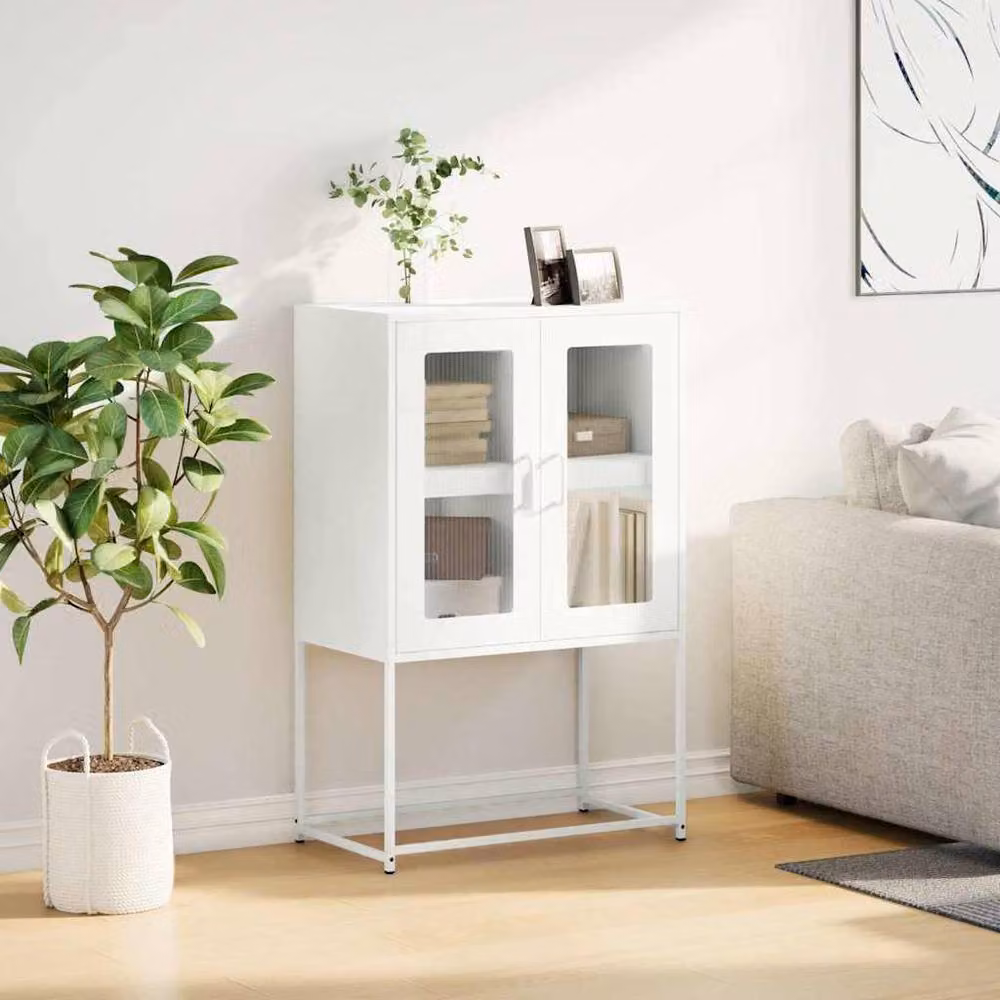 Berkfield Home Modern White Matt Steel Highboard with Glass Doors, W/D/H: 68 x 39 x 107 cm – 2