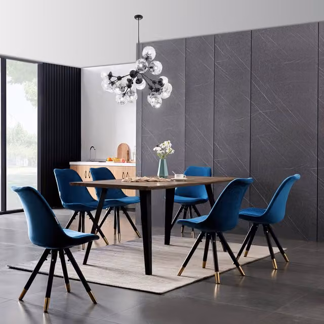 Life Interiors Sofia Rocco LUX Blue Scandinavian Dining Set with Rectangular Live Edge Wood Table and 6 Chairs
