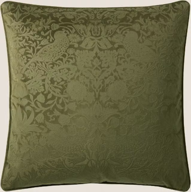 William Morris At Home Strawberry Thief Velvet Cushion in Dark Olive Green