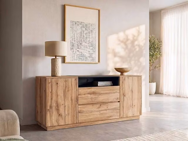 Vente-unique Modern Buffet with 2 Doors, 2 Drawers and 1 Recess in Natural and Black – 1