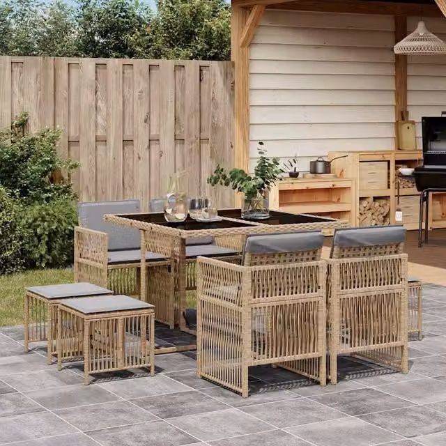 Berkfield Home 9 Piece Poly Rattan Garden Dining Set with Beige Cushions