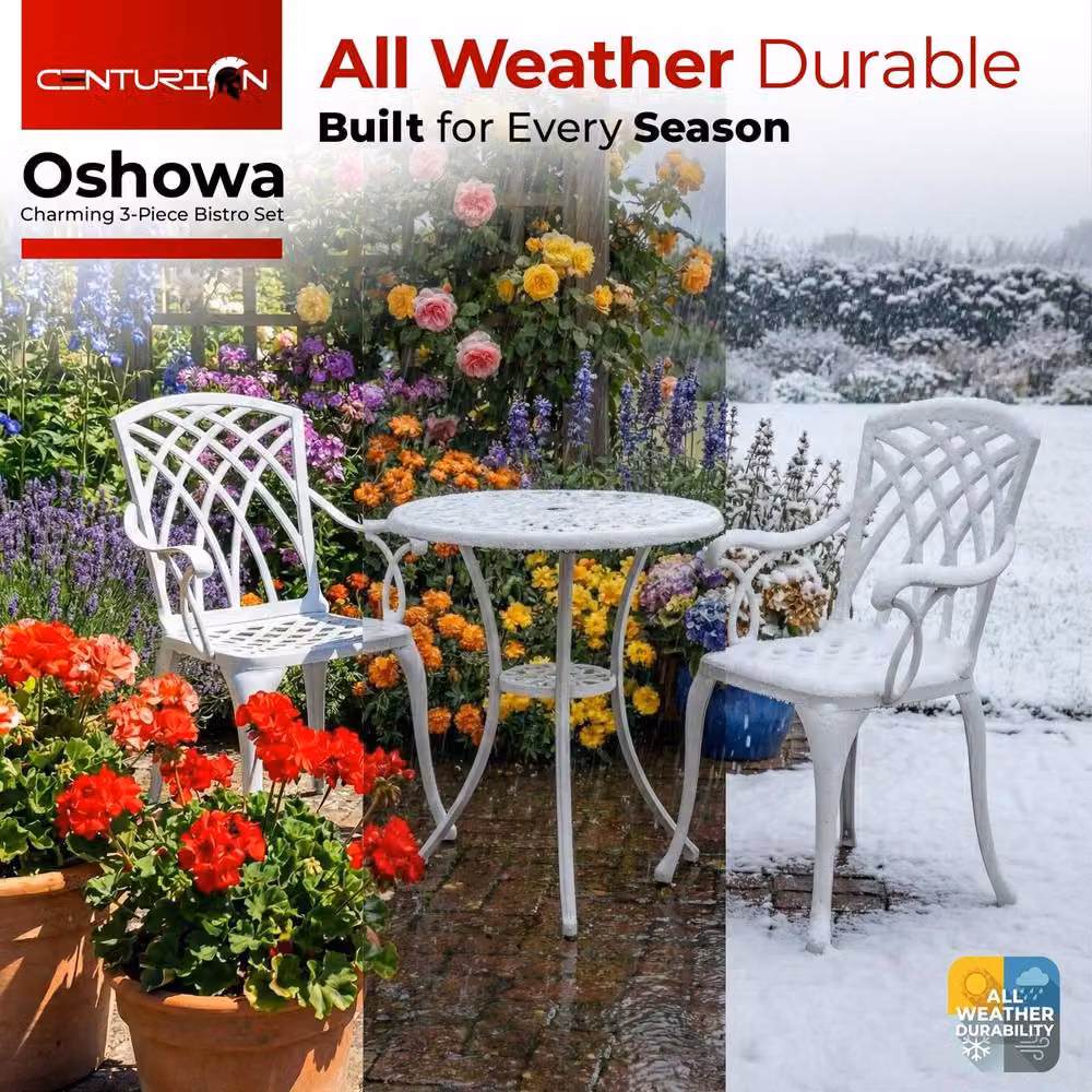 Centurion Supports OSHOWA White Powder Coated Aluminium Bistro Set with Round Table and 2 Armchairs – 5