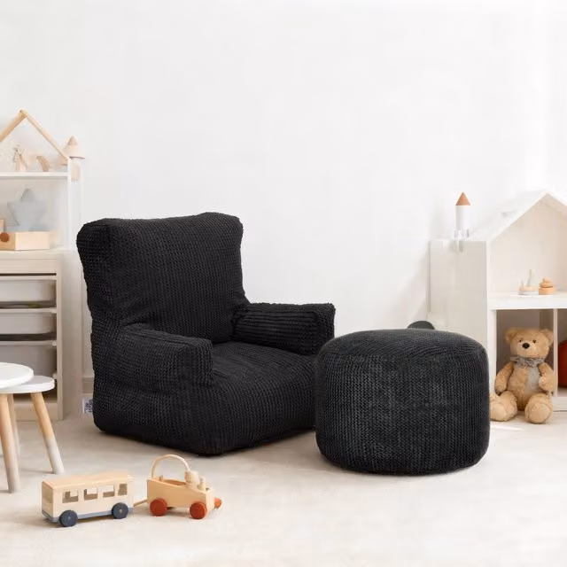 Ready Steady Bed Kids Corduroy Bean Bag and Footstool Set in Black