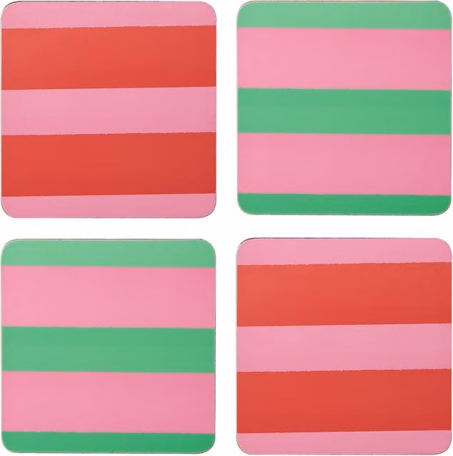 Creative Tops Set of 4 Pink and Green Striped Coasters with Cork Backing, W: 10.5 cm x D: 10.5 cm