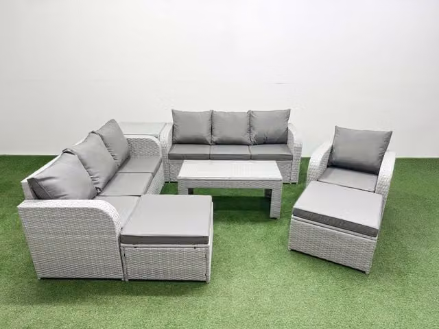 Fimous 9 Seater Grey Poly Rattan Garden Furniture Set with Oblong Coffee Table, 3 Seater Sofas, Reclining Chairs and 2 Ottomans