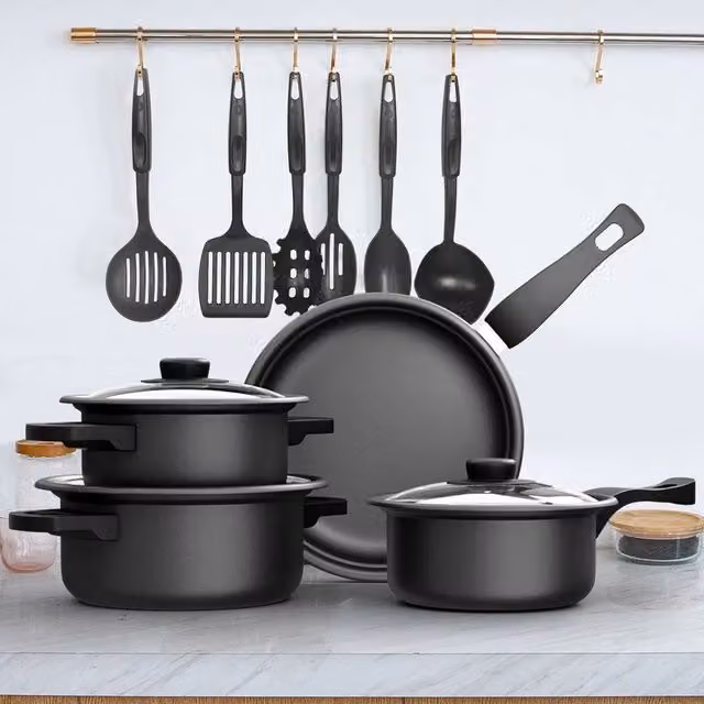 KORVIXA 13-Piece Non-Stick Cookware Set in Black with Iron and Glass Lids