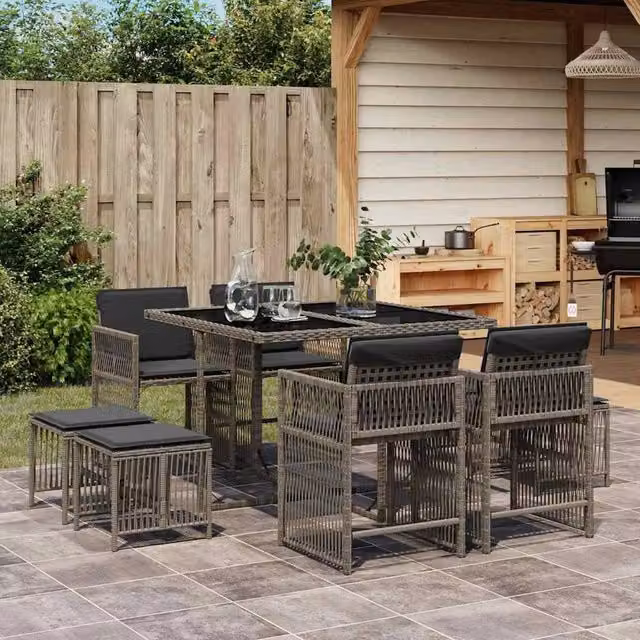 Berkfield Home 9 Piece Grey Poly Rattan Garden Dining Set with Cushions and Glass Top – 1
