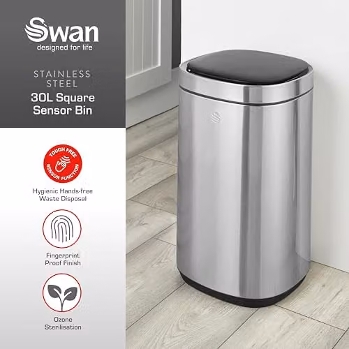 Swan 30L Square Sensor Bin in Silver – 2