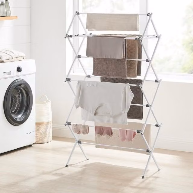SONGMICS Foldable Compact Clothes Drying Rack with Steel Frame in White