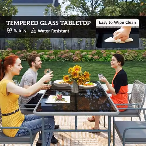 Outsunny 5 Piece Grey PE Rattan Garden Dining Set with Glass Top Table and Weather Resistant Cushions – 5